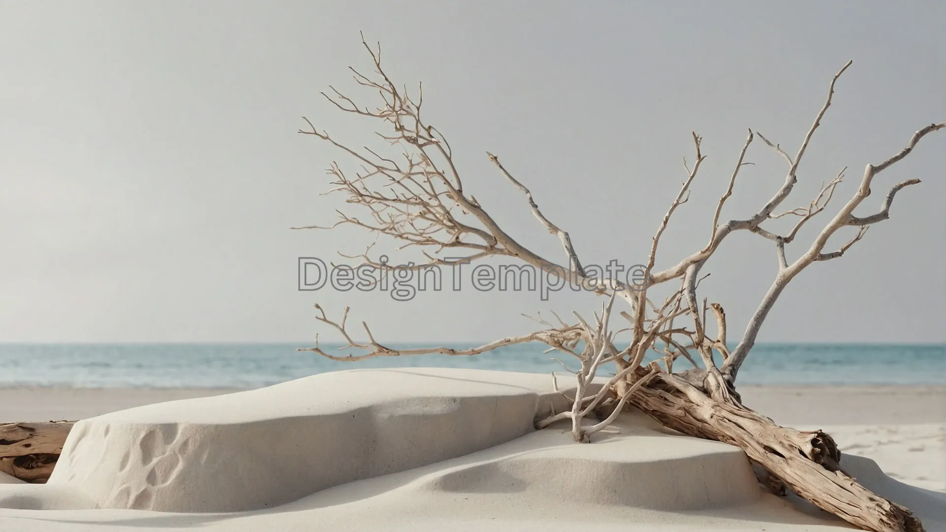Driftwood Tree Frame Serene Beach Image